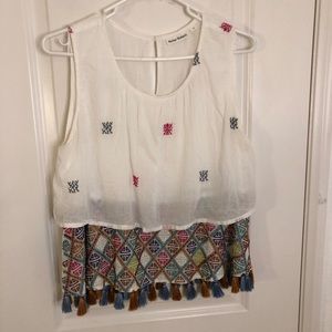 Roller Rabbit Embroidered colorful Cotton Blouse sleeveless top w tassels medium